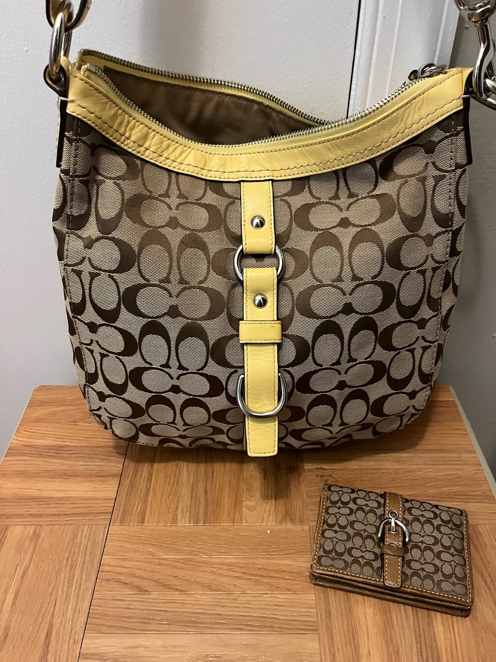 Coach Signature Canvas Hobo Bag with Yellow Leather Trim with small wallet